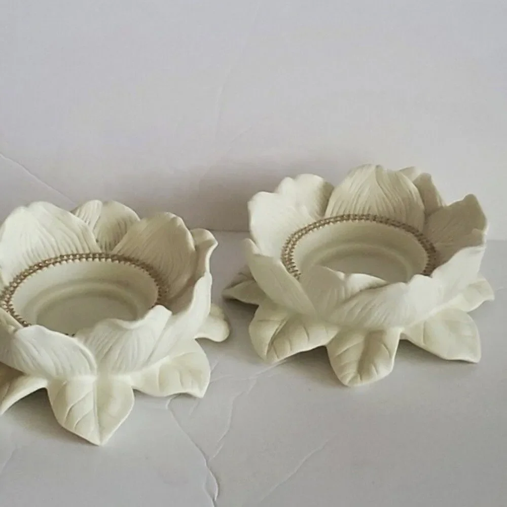 PartyLite P7369 Magnolia Lotus Flower Candle Holders Set of 2 Bisque Porcelain